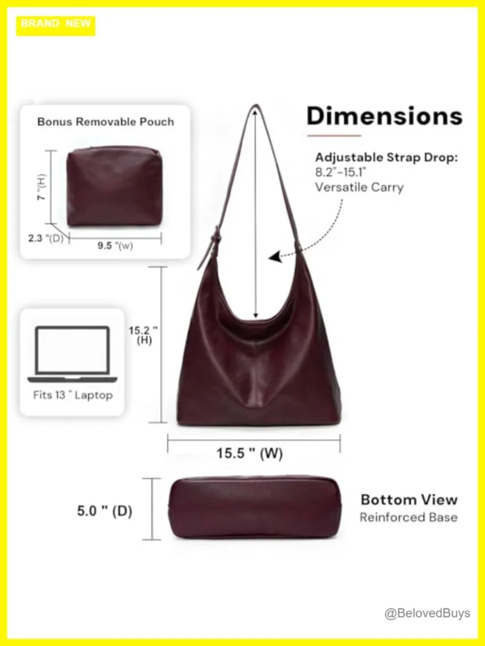 Slouchy Shoulder Tote Purse with Matching Pouch, Adjustable Strap, Magnetic
